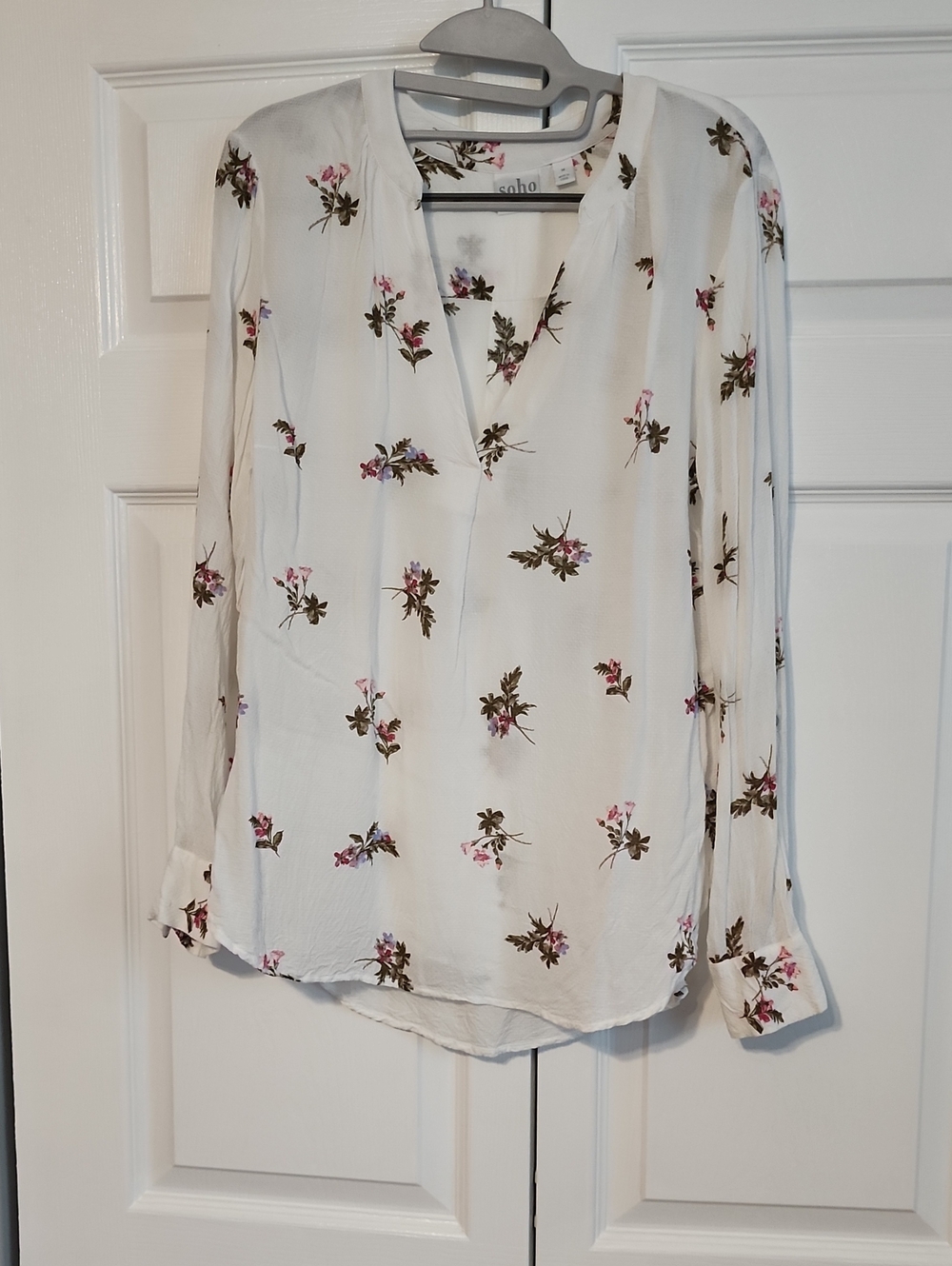 Soho White Floral V-Neck Blouse with Pink & Green Accents